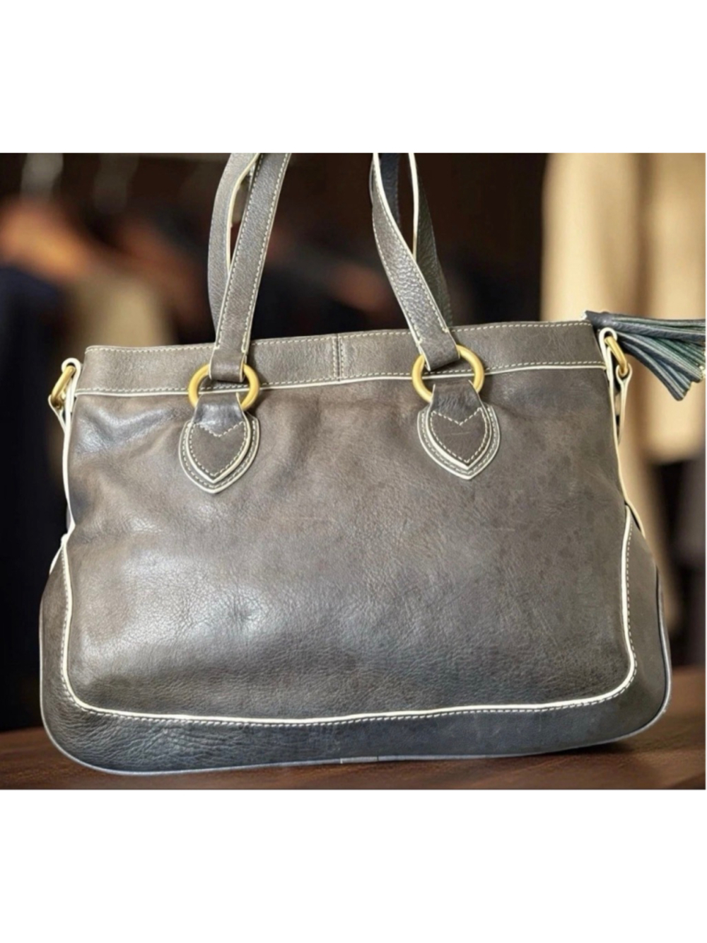 Dooney & Bourke Florentine Shopper Tote Gray Leather Shoulder Bag Tassels - Picture 3 of 17
